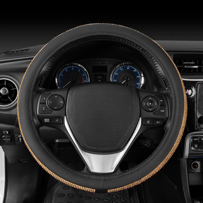 Carbella BDK Bling Bling Glitter Diamond Leather Steering Wheel Cover with 9 Rows Crystal Rhinestones, Universal Fit 14.5-15.5 Inch for Women/Girls (Bling Crystal Diamonds - Gold) - Image 5